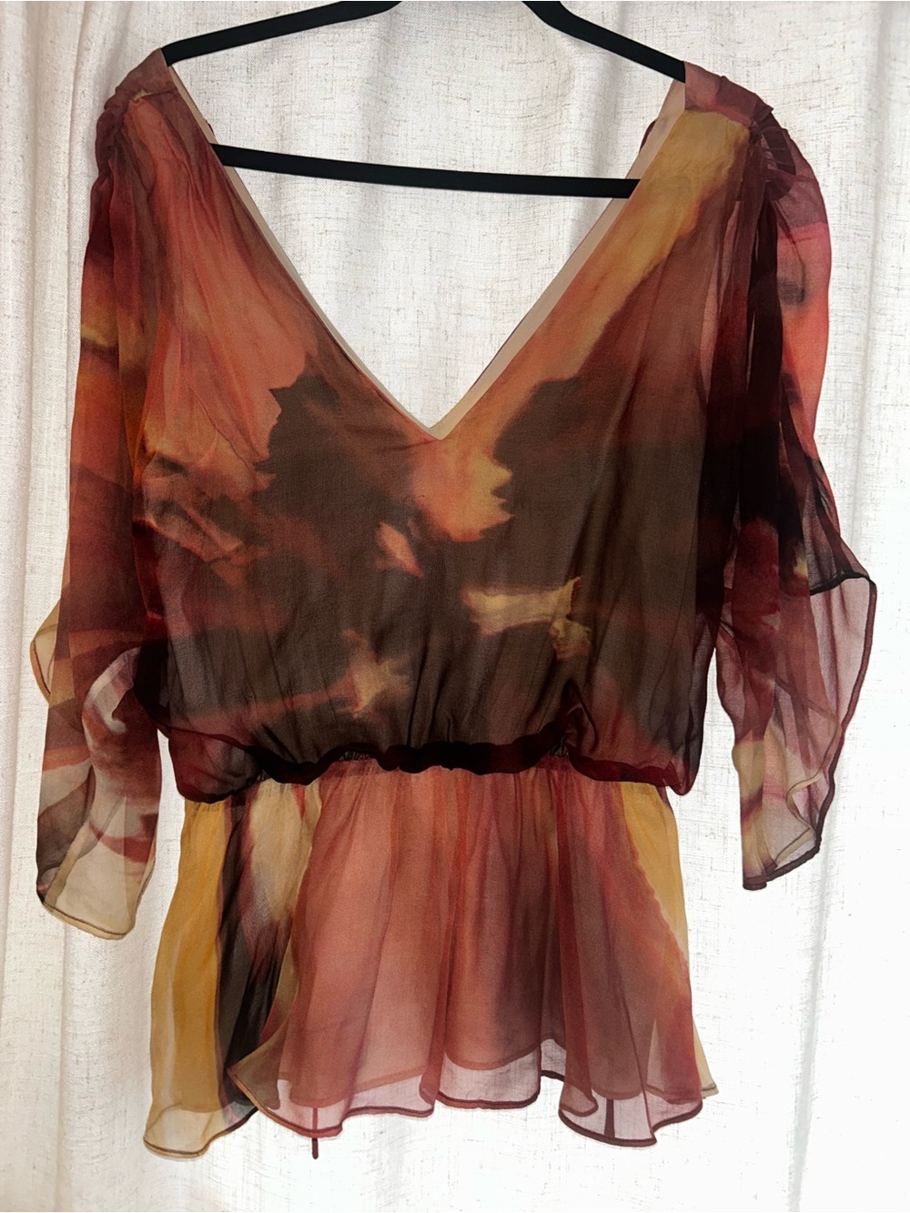 Alice + Olivia Sheer V-Neck Blouse in Rust, Brown, Gold Watercolor